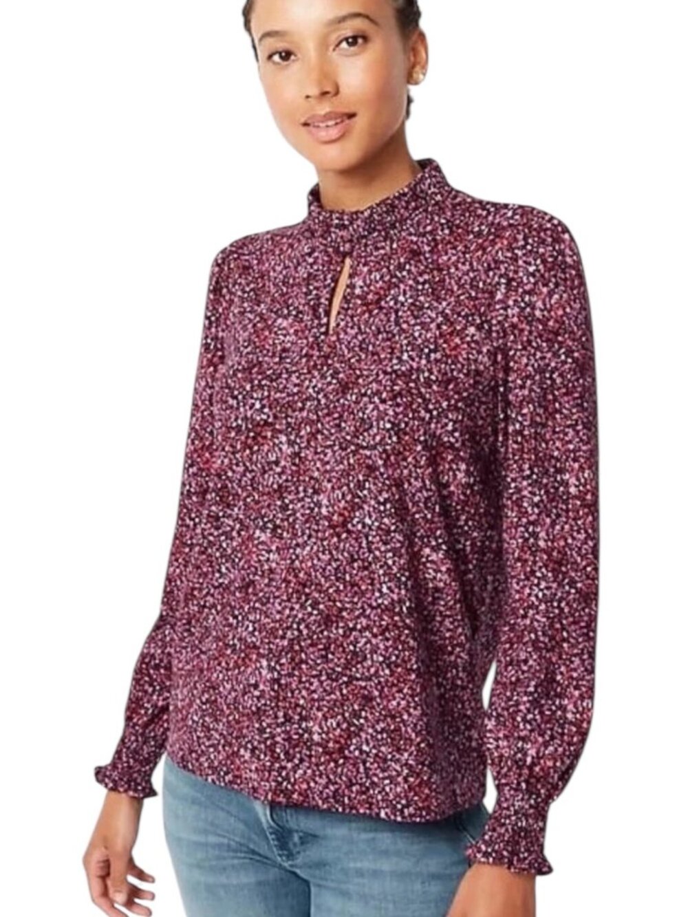 J. Jill smocked neck multicolor floral print long sleeve blouse size S NWT